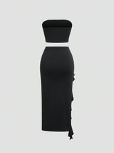 2pcs Women Summer Solid Color Bandeau Top And Ruffle Hem Split Pencil Skirt Set
